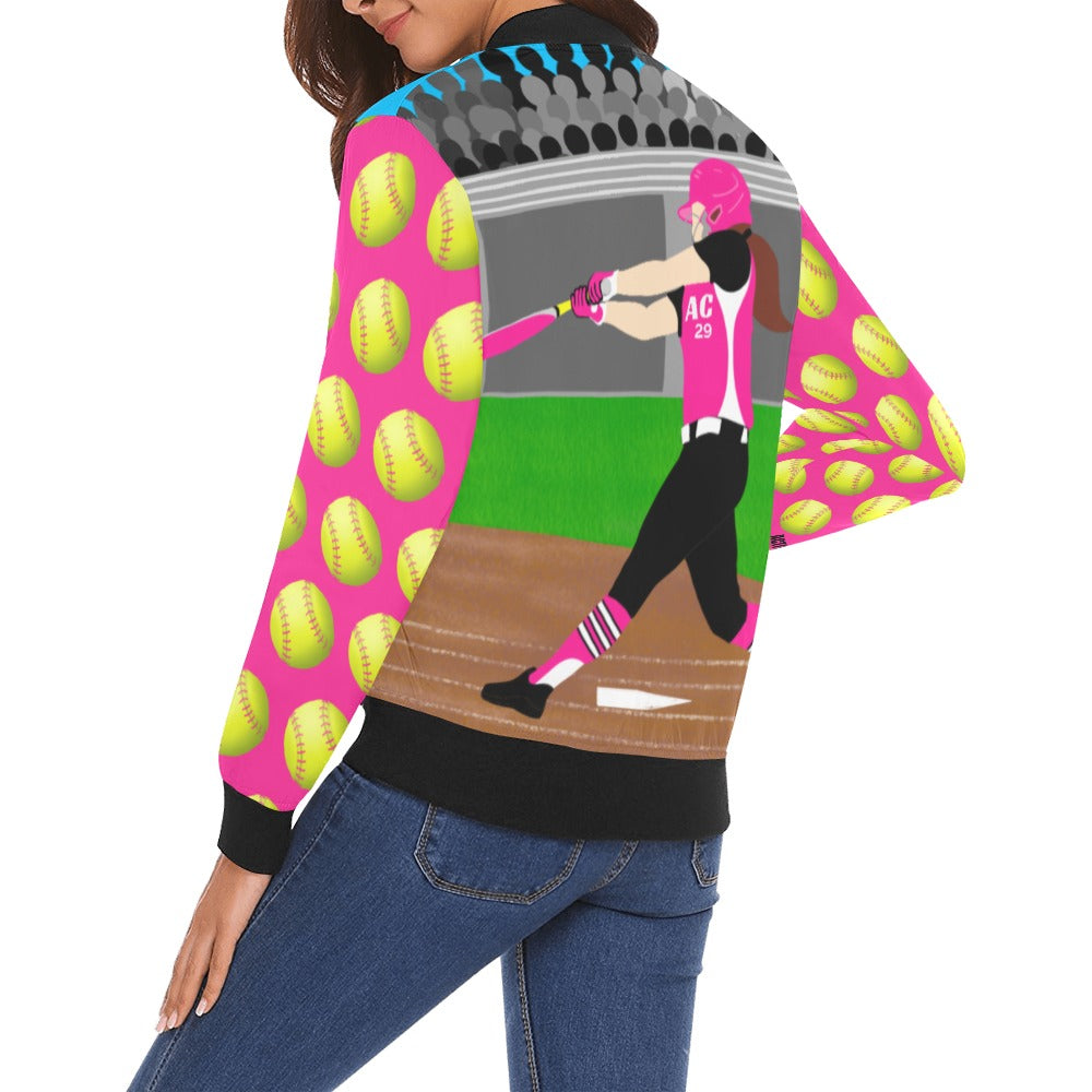 Active Cutie Softball Women's Bomber Jacket (PICK YOUR SKIN TONE)