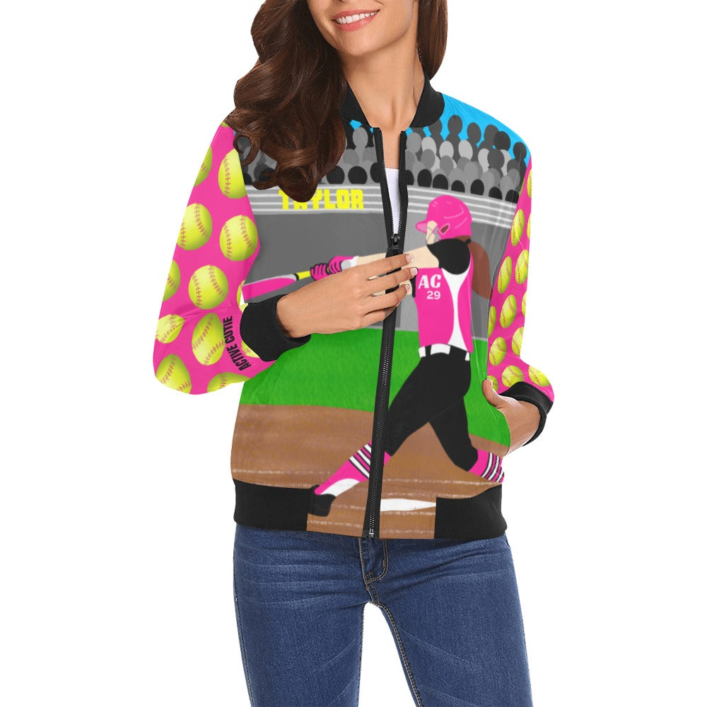 Active Cutie Softball Women's Bomber Jacket (PICK YOUR SKIN TONE)