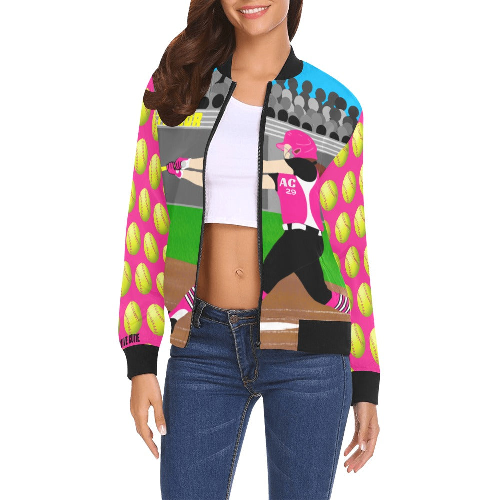Active Cutie Softball Women's Bomber Jacket (PICK YOUR SKIN TONE)