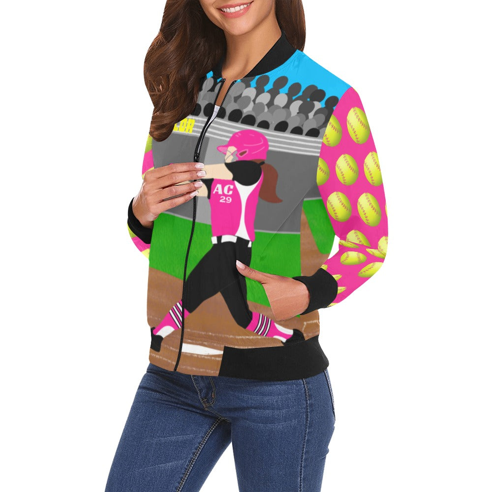 Active Cutie Softball Women's Bomber Jacket (PICK YOUR SKIN TONE)